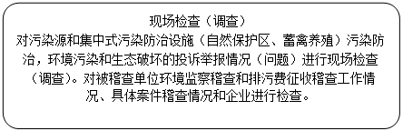 流程图: 可选过程: 现场检查（调查）
对污染源和集中式污染防治设施（自然保护区、蓄禽养殖）污染防治，环境污染和生态破坏的投诉举报情况（问题）进行现场检查（调查）。对被稽查单位环境监察稽查和排污费征收稽查工作情况、具体案件稽查情况和企业进行检查。
